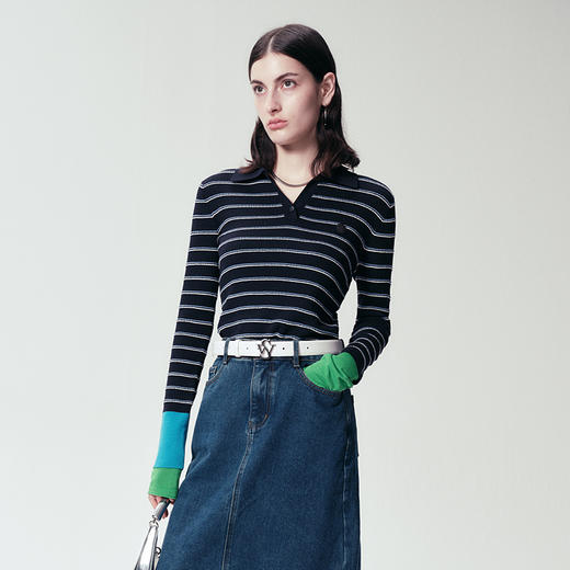 Self Who黑色条纹Polo衫女2024春新款设计感修身V领长袖T恤打底衫 商品图3