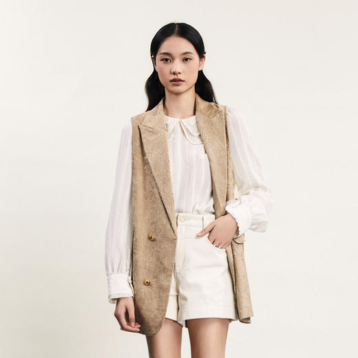 谜底西装马夹女2024春新款通勤风提花双排扣中长款马甲241GM0063 商品图0