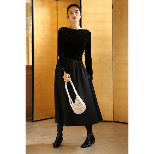 HeyDress法式拼接丝绒连衣裙女秋冬复古收腰气质小黑裙赫本风裙子 商品图0