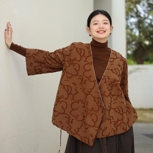 绽放897/新中式立体浮雕撞色禅意风木耳花边剪花宽松文艺棉服棉衣 商品图0