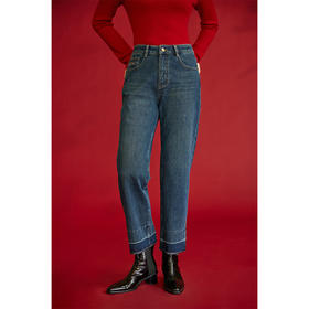 HeyDress复古直筒牛仔裤女秋冬法式高腰显瘦花边烟管裤设计感裤子