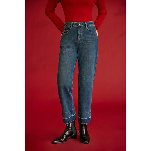 HeyDress复古直筒牛仔裤女秋冬法式高腰显瘦花边烟管裤设计感裤子 商品图0