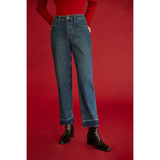 HeyDress复古直筒牛仔裤女秋冬法式高腰显瘦花边烟管裤设计感裤子 商品图3