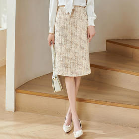 剩M 米思阳2026春季新款气质小香风粗花呢半身裙亮片开叉修身裙子0020