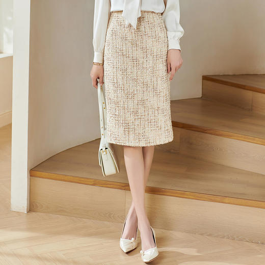 剩M 米思阳2026春季新款气质小香风粗花呢半身裙亮片开叉修身裙子0020 商品图0