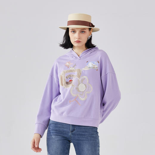 谜底连帽卫衣女2024春季新款学院风绣花宽松中长款上衣241MV0053 商品图0