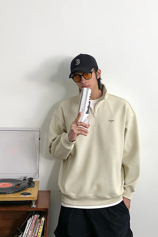 徐太浪春秋新款半高领拉链卫衣男纯色百搭高级感宽松套头长袖上衣 商品图5