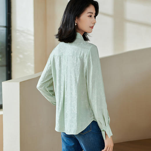 剩XL/XXL 米思阳2026春季新款新中式气质提花衬衫缎感直筒修身绿色上衣0065 商品图5