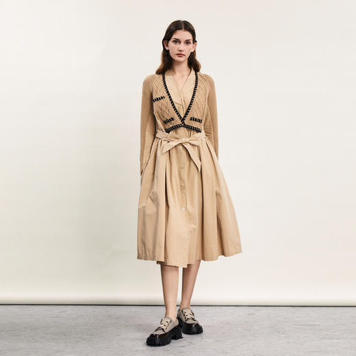 谜底毛织拼接连衣裙长袖2024春新款复古气质长裙大摆裙241ML0129 商品图0