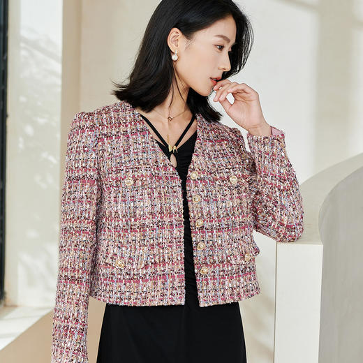 剩XL/XXL 米思阳2026春季新款名媛小香风粗花呢短外套拼接保暖搭配上衣0074 商品图1