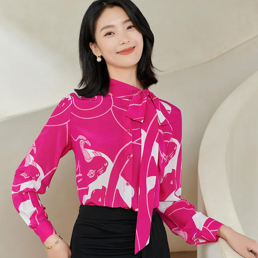 剩M/XL/XXL 100%桑蚕丝飘带衬衫 米思阳2026春季新款优雅气质真丝印花上衣0221 商品图1