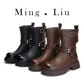 新款西部靴2023秋冬英伦风中筒靴休闲百搭马丁靴女复古废土风女靴