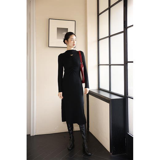 HeyDress半高领针织连衣裙女秋冬法式修身显瘦镂空毛衣裙气质裙子 商品图0