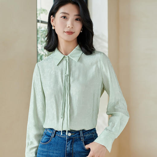 剩XL/XXL 米思阳2026春季新款新中式气质提花衬衫缎感直筒修身绿色上衣0065 商品图2