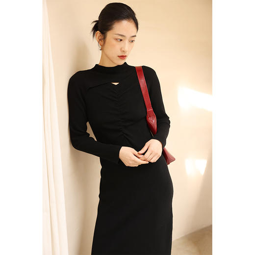 HeyDress半高领针织连衣裙女秋冬法式修身显瘦镂空毛衣裙气质裙子 商品图3