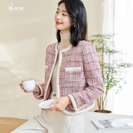 米思阳 春季新款温柔高定小香风短外套拼接保暖粗花呢上衣女 商品图0