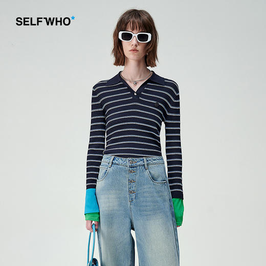 Self Who黑色条纹Polo衫女2024春新款设计感修身V领长袖T恤打底衫 商品图0