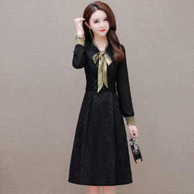 修身时尚，新款V领长袖小香风洋气优雅A字裙通勤印花连衣裙QYM-OMS-YQA405-L