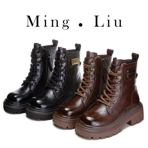 发泡底真皮马丁靴女2023冬季新款粗跟加绒保暖短靴女复古圆头女靴 商品图0