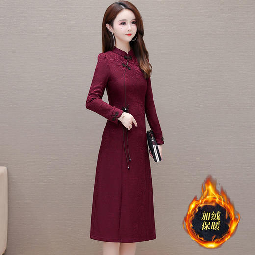 中长款加绒印花时尚连衣裙立领长袖修身洋气旗袍裙QYM-OMS-PB3170-L 商品图2