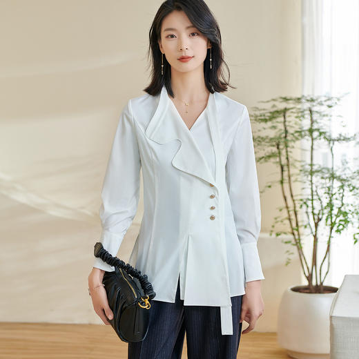 米思阳2024春季新款时尚设计感白色衬衫飘带不规则v领上衣女0240 商品图2