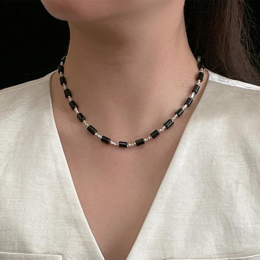 ELOANE GALLERY 落岸Darkside系列管形黑玛瑙间隔S925纯银碎银子项链【7天内发货】 商品图0