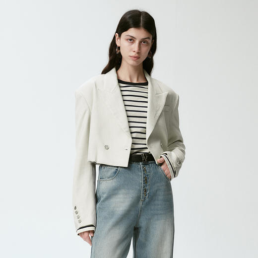 Self Who烟灰绿色西装外套女2024早春新款休闲宽松设计感短款西服 商品图3