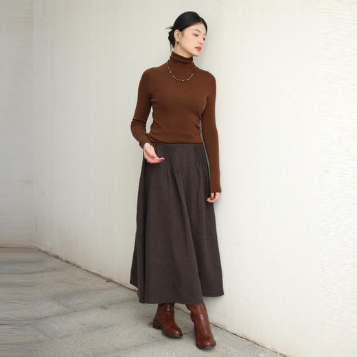 绽放031朵/深咖极简风半松紧腰精致塔克亚麻色织中长款棉麻半身裙 商品图1