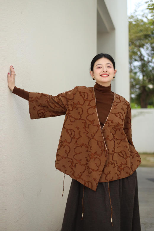 绽放897/新中式立体浮雕撞色禅意风木耳花边剪花宽松文艺棉服棉衣 商品图5