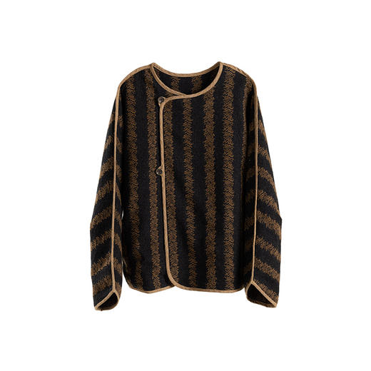 绽放831朵/黑咖提花复古高端羊毛宇航棉自发热开襟撞色边毛呢外套 商品图4