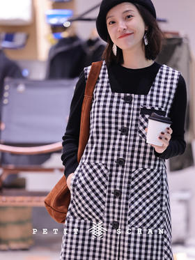浪漫对弈 日本进口双面磨毛棉麻H型黑白格长马甲/背带裙