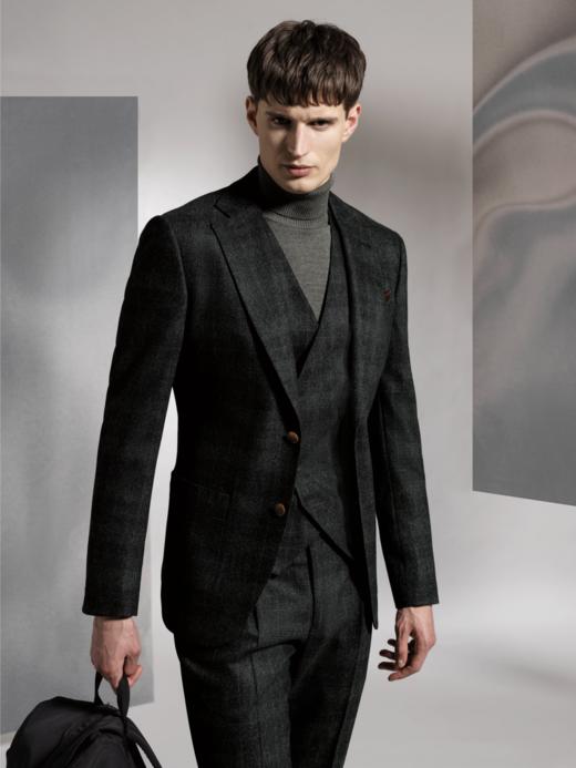 Stylbiella 羊绒羊毛混织360克重纬向弹力绿色格纹全麻衬套装 商品图0