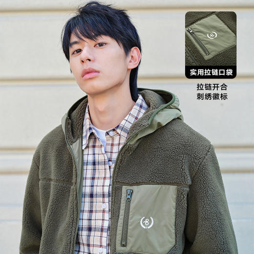 gxgjeans男装冬季军绿口袋夹克摇粒绒连帽夹克外套 商品图1