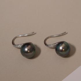 甄珠贝 大溪地高跟鞋耳环 孔雀绿光 10-11mm 18k白金+钻石镶嵌