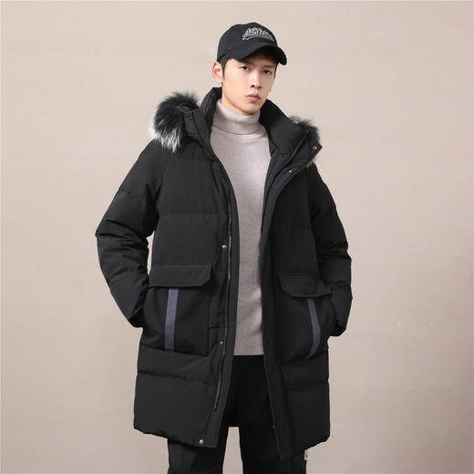 【白鹅绒 银貉子毛领】罗蒙秋冬中长款羽绒服男士休闲连帽款可拆卸毛领羽绒服外套 商品图2