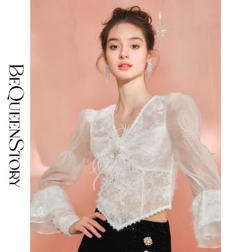 BeQueenStory【香雪玉兰】设计感两穿袖子可拆泡泡袖时尚V领衬衫 商品图2