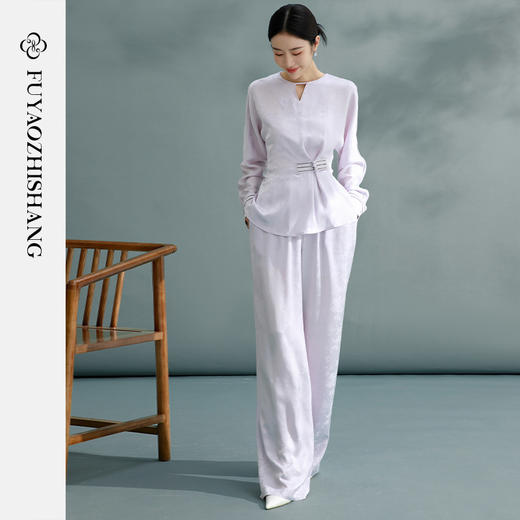 紫色盘扣衬衫女春季新款小个子气质提花衬衣长裤两件套 商品图1