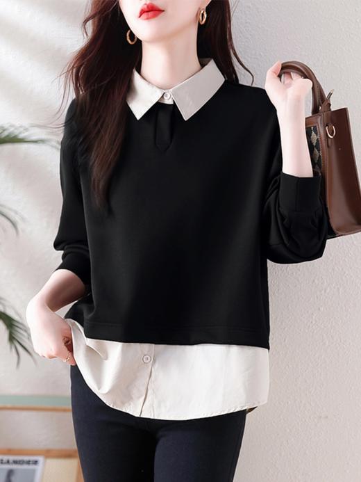 SMZ13871欧货春款2024新款高级感百搭假两件卫衣女拼接衬衫领设计感上衣潮 商品图1