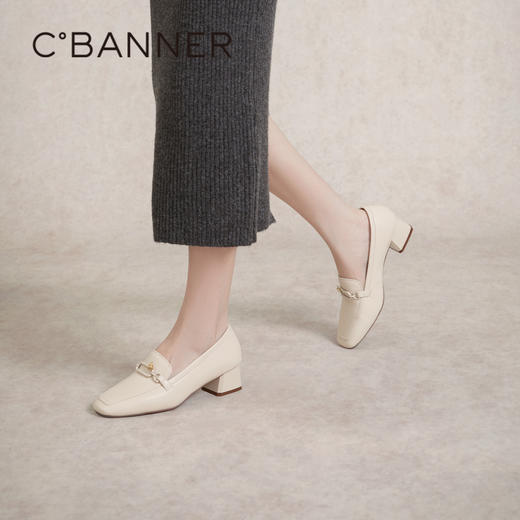 千百度正装乐福鞋女春季粗中跟方头小皮鞋通勤深口羊皮鞋A24149704 商品图4