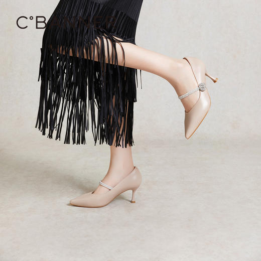 【静音系列】千百度细高跟鞋春季一字带羊皮裸色单鞋女A24141588 商品图4