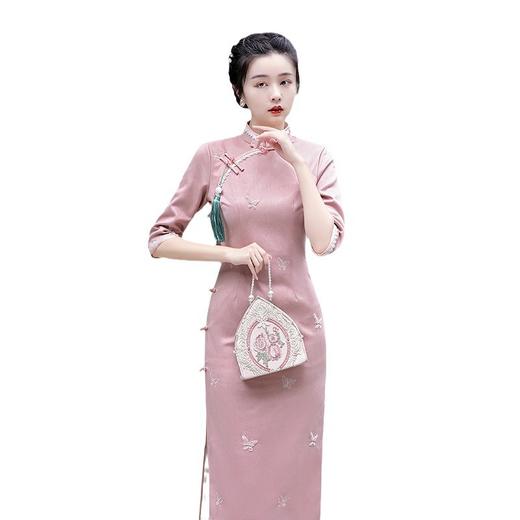 MLS-6288麂皮绒烫金绣花长款旗袍 秋冬新款清新少女优雅烫金中袖修身 商品图5