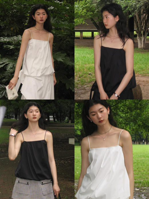 【4折不退换 买六免一】花苞量感褶皱设计感不对称系带吊带上衣 商品图2