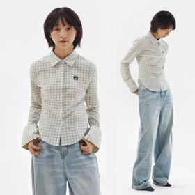 CryingCenter 白色格子短款紧身学院制服辣妹长袖衬衫 哭喊中心