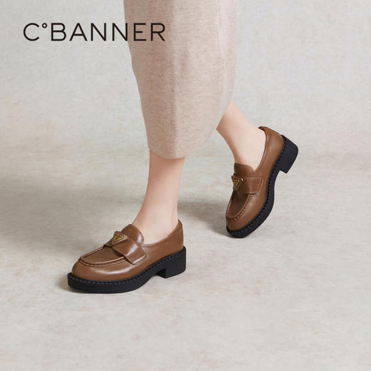 千百度厚底乐福鞋女春季增高黑色小皮鞋真皮豆豆鞋深口A24138605 商品图2