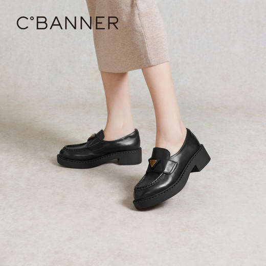 千百度厚底乐福鞋女春季增高黑色小皮鞋真皮豆豆鞋深口A24138605 商品图4