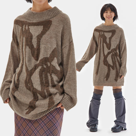 CryingCenter 棕咖色柔柔马海毛宽松长款圆领蝴蝶结毛衣 哭喊中心 商品图0