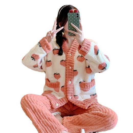 【法兰绒水蜜桃家居服两件套装】软绵绵的肤感不闷重 迅速升温持久保暖 女士小香风秋冬睡衣 商品图3