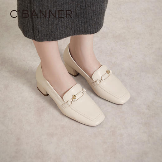 千百度正装乐福鞋女春季粗中跟方头小皮鞋通勤深口羊皮鞋A24149704 商品图2