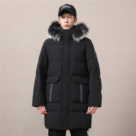 【白鹅绒 银貉子毛领】罗蒙秋冬中长款羽绒服男士休闲连帽款可拆卸毛领羽绒服外套 商品图1