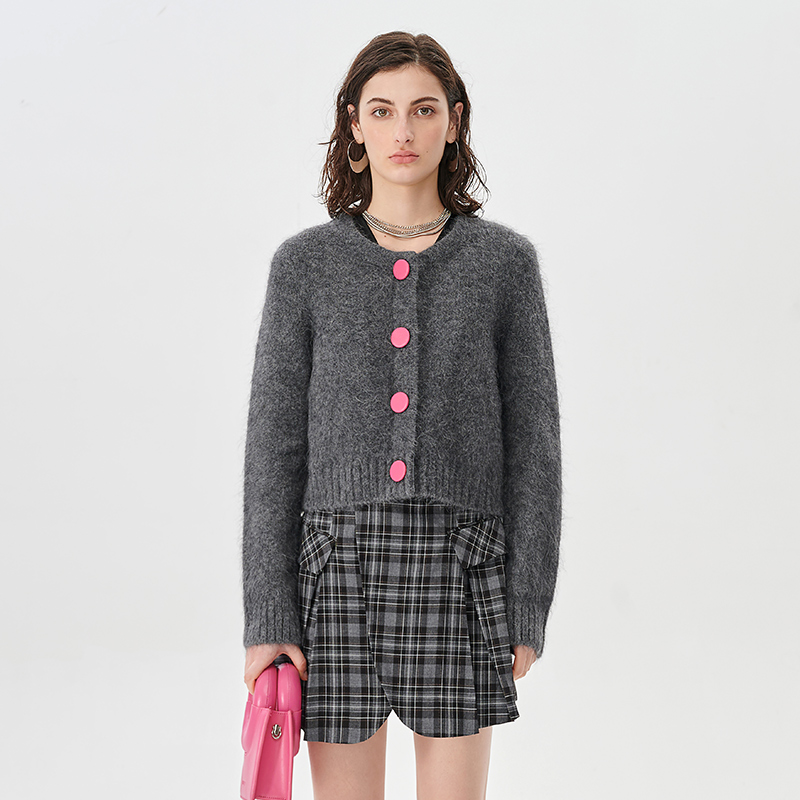 Self Who灰色羊驼毛针织开衫冬季2023新款宽松直筒小个子短款上衣